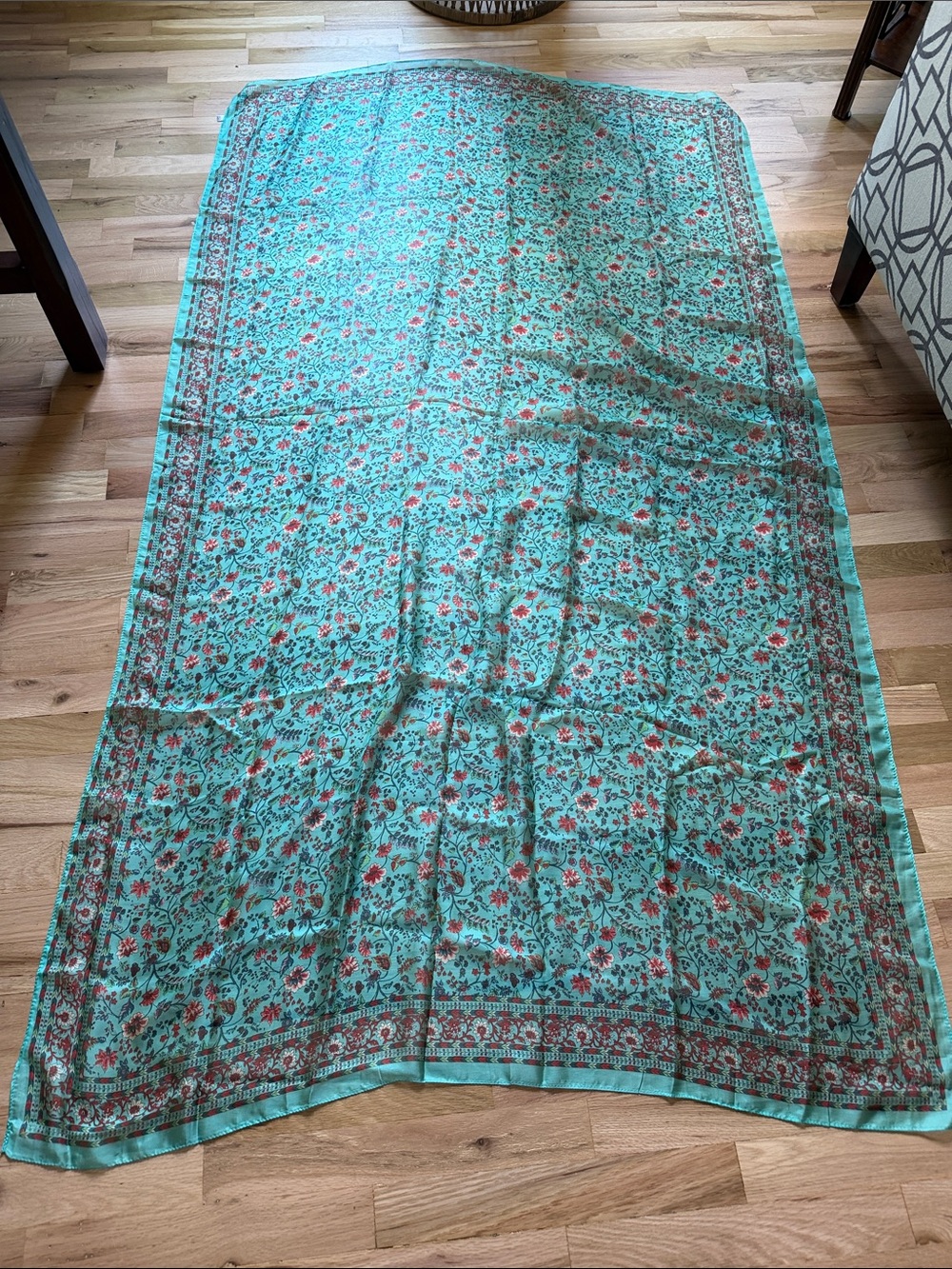 Light Teal Floral Silk and viscose Scarf
